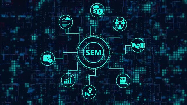 Search engine marketing sem concept with interconnected icons representing various digital advertising, business, and online strategy elements on a futuristic green background