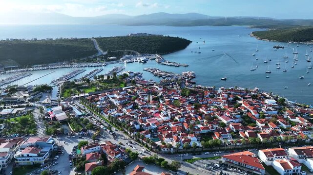 izmir sigacik drone shooting - 4k image of the aegean fishing town sığacık, teos marina and historical castle taken with drone