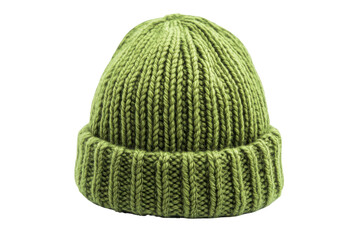 Green knitted winter beanie hat isolated on transparent background. Green knitted beanie hat displayed isolated on white background.
