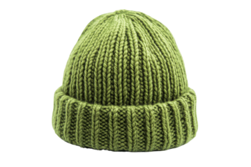 Green knitted winter beanie hat isolated on transparent background. Green knitted beanie hat displayed isolated on white background.