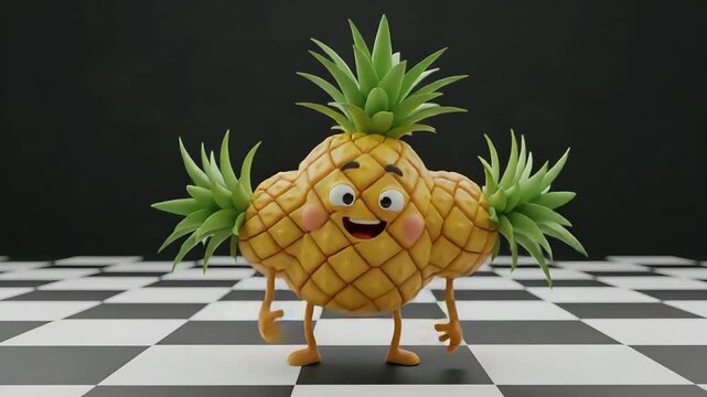 Animated cartoon pineapple character joyfully dancing on a checkered floor