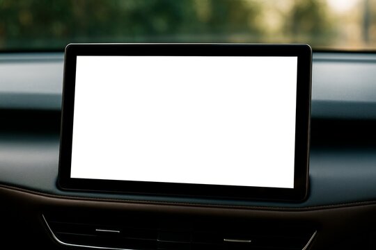 Blank car dashboard screen mockup with white display space for design or branding presentation in vehicle interior background template concept. Ai generative