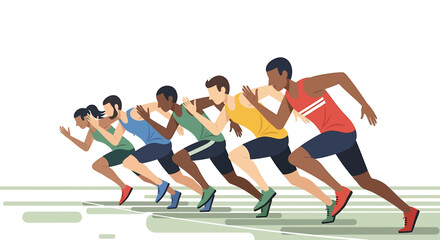 A diverse team of athletes stands ready at the starting line, embodying anticipation and the global spirit of the cross country championships, presented in a clean flat design.