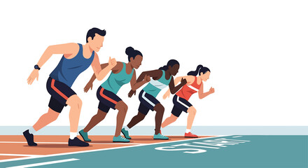 A diverse team of athletes stands ready at the starting line, embodying anticipation and the global spirit of the cross country championships, presented in a clean flat design.