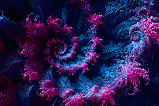 complex fractal spirals in hot pink and deep blue creating hypnotic high contrast mathematical art