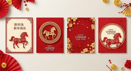 Four vibrant red chinese new year cards featuring gold horse illustrations and festive decorations