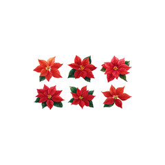 Six poinsettia flower illustrations with red bracts and yellow centers festive Christmas holiday botanical artwork seasonal floral designs isolated on white background
