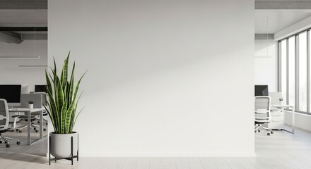 Empty office wall with plant and desks in modern workspace, suitable for advertisements.