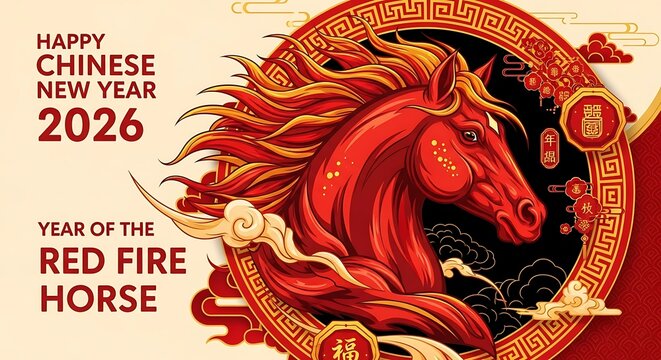 Happy chinese new year 2026 year of the red fire horse with vibrant red horse head and traditional chinese decorations