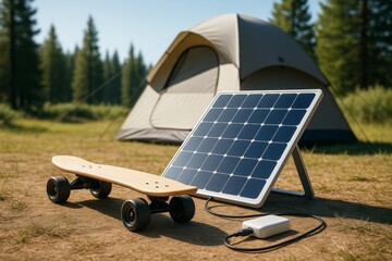 Solar panel charging electric skateboard near tent in forest campsite under bright daylight, symbolizing eco-friendly transport and outdoor tech lifestyle. Ai generative
