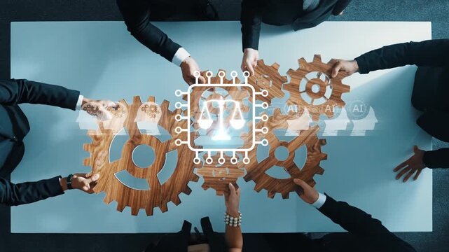 A diverse team of professionals collaborates on innovative legal technology solutions. They use gears and scales to symbolize the integration of law and artificial intelligence. Raster