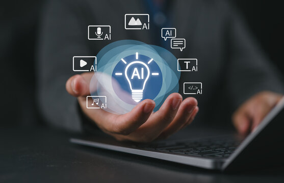 Artificial intelligence idea for multimedia content creation. AI generating text, music, video, and visual content. Innovative digital solution for marketing, communication, and media industry.