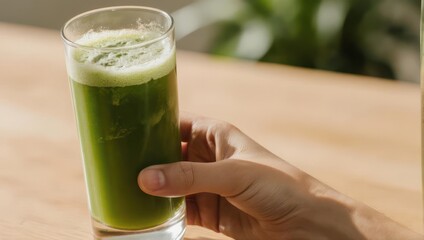 Hand holding a tall glass of vibrant green juice