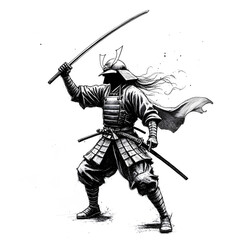Warrior's stance: A samurai, clad in traditional armor, stands poised with katana blade raised, ready for battle, embodying courage and strength.