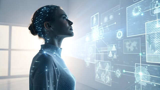 Female professional interacting with digital holograms in modern office  