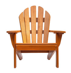 Front view of a reddishbrown wooden adirondack chair isolated on transparent background, showcasing its warm color, comfortable design, and durable construction for outdoor use