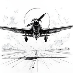 Soaring Above: A vintage aircraft ascends from the runway, propeller blurring, set against a dramatic sky.