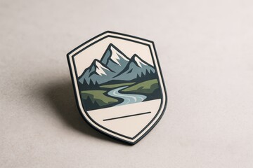 Mountain badge emblem with river and snow peaks placed on light background, showcasing outdoor wilderness concept in minimal graphic style. Ai generative
