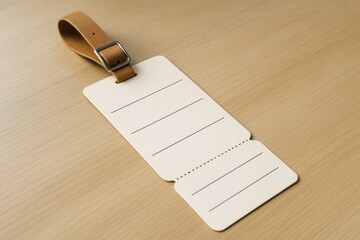 Blank luggage tag mockup with brown leather strap on wooden surface, open with empty lines for text or branding presentation design layout..