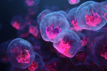 deep blue jelly like translucent shapes glowing with hot pink inner light creating a surreal organic sci fi texture