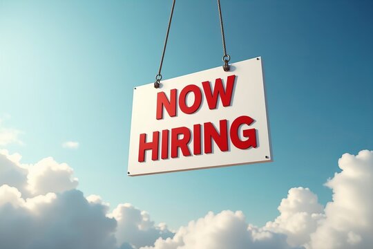 Photographing a Now Hiring Open Business Job Sign Board in the Sky: A Symbol of Limitless Workforce Opportunities and Growth Potential - Powered by Adobe