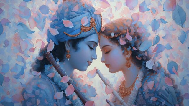 Krishna Radha Devotional Portrait with Traditional Attire and Elegant Jewelry, Surrounded by Petals in a Spiritual Setting