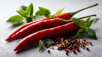 Variety of fresh and dried chili peppers on white background. Organic red chili pepper. 