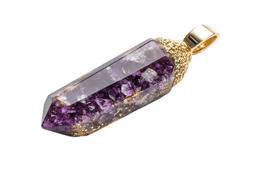 Amethyst crystal pendant with gold accents isolated on transparent background, showcasing its natural beauty and elegance, perfect for jewelry making and collection