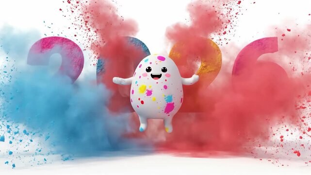 Animated cute egg mascot jumping with joy in colorful powder bursts forming 2026 numerals. Festive new year celebration animation featuring explosive confetti and vibrant holiday spirit. video