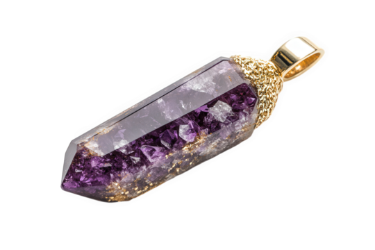 Amethyst crystal pendant with gold accents isolated on transparent background, showcasing its natural beauty and elegance, perfect for jewelry making and collection