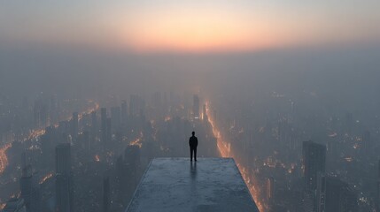 A businessman dressed in a formal suit gazes into the distance, standing at the edge of a rooftop. The urban skyline glows softly as the sun sets, creating a serene yet dynamic atmosphere
