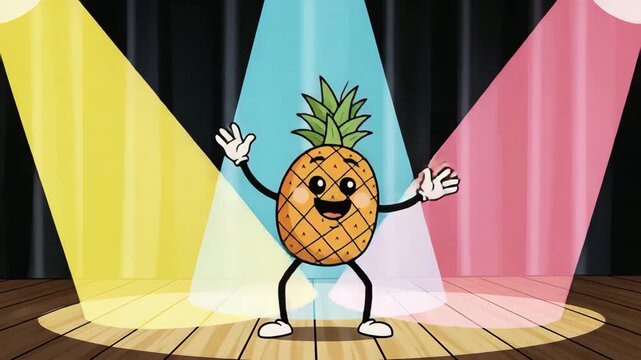 Animated pineapple character performing on stage under colorful spotlights