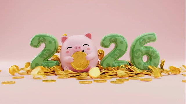 Cute green and pink piggy bank pig with 2026 number and falling gold coins. New year celebration animation symbolizing wealth and prosperity for upcoming year. video footage video footage
