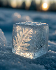 Macro shot of a crystal ice cube with fern-like frost patterns illuminated by golden sunlight full hd 4k stock image download