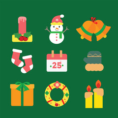 Festive Christmas vector icons including candles, snowman, bells, stockings, calendar, mitten, gift box, wreath, and holiday lights. Bright flat-design illustrations.