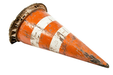 Weathered orange traffic cone with white stripes isolated on transparent background, a common sight on roads and construction sites for safety and caution