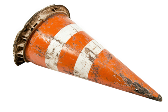Weathered orange traffic cone with white stripes isolated on transparent background, a common sight on roads and construction sites for safety and caution