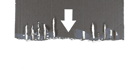 A torn piece of smooth cardboard with an arrow in the center, an empty plate with copy space. Transparent cutout in PNG format.