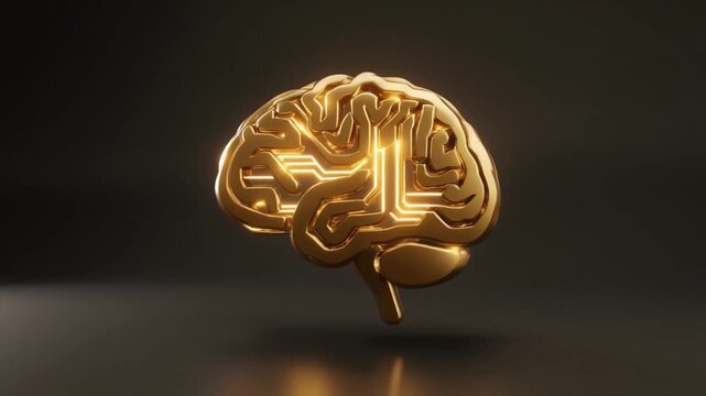 Golden 3D Brain with Circuit Board Pattern on Dark Reflective Surface Symbolizing Artificial Intelligence
