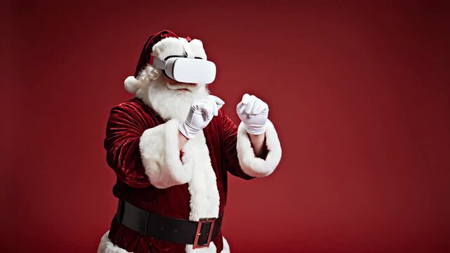 Santa claus experiencing virtual reality. Man in red suit with vr headset gesturing in sequence. Christmas holiday fusion of festive tradition and modern technology. video footage video footage