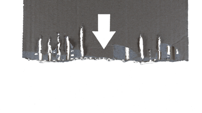 A torn piece of smooth cardboard with an arrow in the center, an empty plate with copy space. Transparent cutout in PNG format.