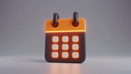 A3D rendered dark calendar icon with orange trim and glowing orange squares on a gray background date