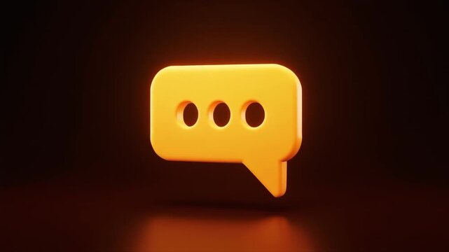 Glowing Orange 3D Chat Bubble Icon with Three Dots Against a Dark Background with Orange Hues speech bubble
