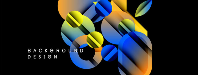 Abstract geometric shapes overlap, creating vibrant color gradients. Design features orange, blue, green hues on black background. Modern aesthetic.