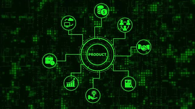 Digital product development ecosystem with interconnected icons representing business, finance, technology, and marketing concepts on a futuristic blue background, symbolizing innovation