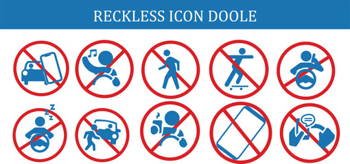 Isolated reckless behavior warning icons featuring bold prohibition signs. Perfect for safety posters, traffic awareness visuals, public instructions, and educational design projects.