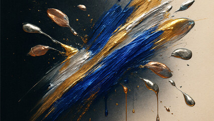 Luxury Metallic Abstract Splash Painting with Gold, Silver and Cobalt Blue Texture Art