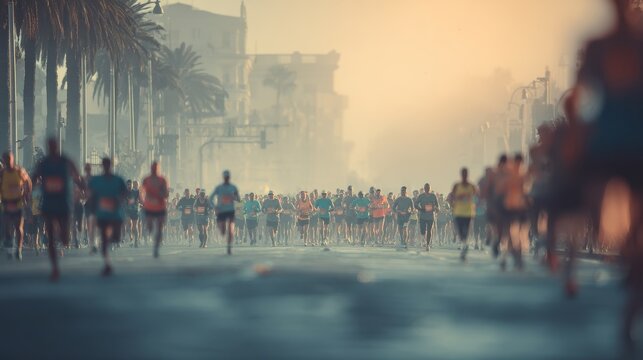Large Group of Marathon Runners Starting a Race in Hazy City Light