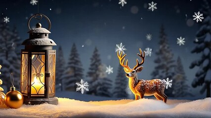 Animated Christmas scene with a glowing lantern and reindeer in the snow. Festive winter night with falling snowflakes in a magical forest. Holiday season greeting background - Powered by Adobe