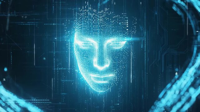 Futuristic digital human face formed by glowing blue particles and data streams artificial - Powered by Adobe